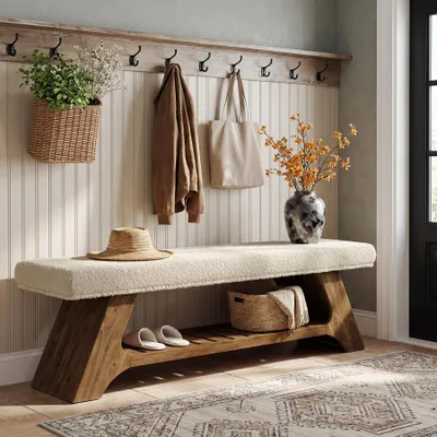 Produktbild von 140 cm lange Sitzbänke mit Kissen und Schuhablage, zweistufige Schuhbank, gepolsterte Eingangsbank im Landhausstil für Schlafzimmer oder Flur