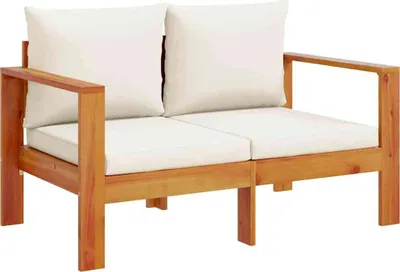 A two-seater wooden sofa with white cushions, presented on a white background.