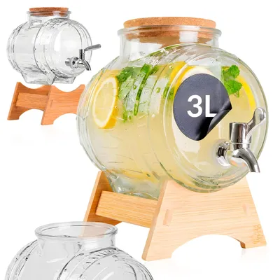 Zdjęcie produktu dla SUPERBUTELKI - 1x BECZKA SZKLANA "żłobiona" beczułka z kranikiem 3 L na stojaku na bimber, do whisky, productTiles.product.images.aiGenerated