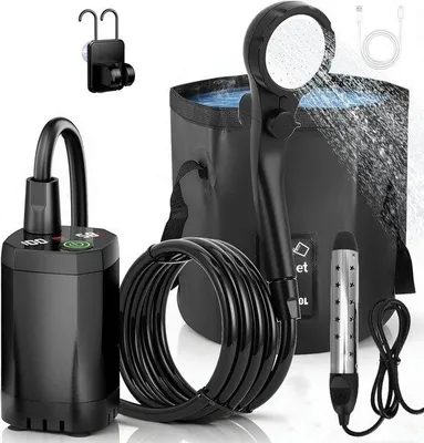Produktbild von Campingdusche mit Akku 6000 mAh, 200 cm Aufladbarer Pumpschlauch, Tragbare Dusche für Garten, Strand, Reisen, Haustiere und Autowäsche