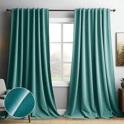 Two teal velvet curtains hang in front of a window, with a close-up inset showing the fabric texture.
