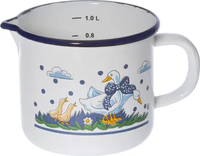 Produktbild von Krüger 4122 Milchtopf mit Dekor 'Gänseglück' und Ausguss, Emaille, Ø 12 cm, 1,25 l, weiß/blau/gelb