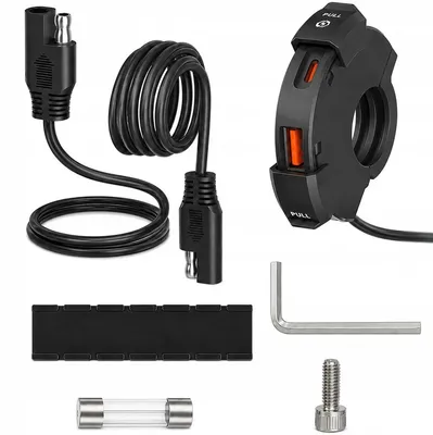 Immagine prodotto di Caricabatterie USB-C per moto - QC3.0 e PD 30W - Supporto per manubrio - Per smartphone e GPS - 12/24 V - Doppia porta USB resistente all'acqua