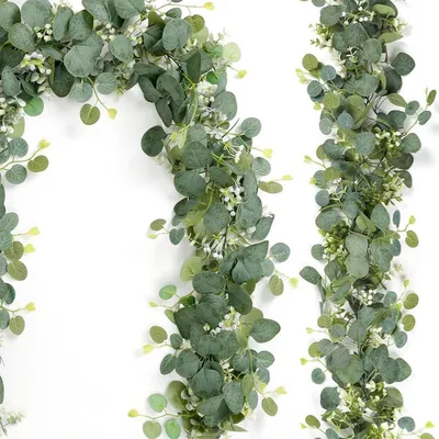 Produktbild von Eukalyptus Girlande 2 Stück 1,8m Künstliche Pflanze mit Weißen Blumen Ranke Deko