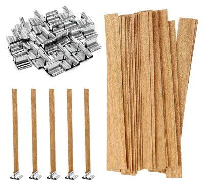 Produktbild von 27 Holzkerzendochte mit 27 Eisenständern für die DIY-Kerzenherstellung, rauchfreie umweltfreundliche Holzdochte, 13 x 130 mm