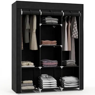 Produktbild von Schrank aus Stoff, Aufbewahrungslösung, 8 Regale, 2 Kleiderstangen, Schwarz