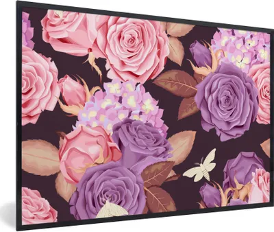 Produktbild von MuchoWow® Gerahmtes Poster Blumen - Schmetterlinge - Lila - Rosa 60x40 cm - Poster mit Schwarzem Bilderrahmen Wandposter Rahmen Foto Bilder - Printing - Wanddeko Schlafzimmer