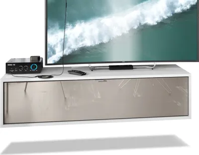 Produktbild von Vladon TV Board Lana 120 Hängeschrank Lowboard 120 x 29 x 37 cm, Germany, Korpus in Weiß matt, Fronten in Sandgrau Hochglanz | Große Farbauswahl