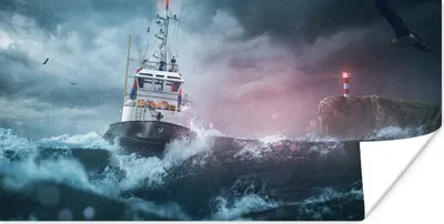 Produktbild von MuchoWow® Poster Meer - Boot - Sturm - Leuchtturm 160x80 cm - Foto Poster