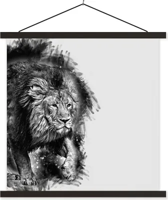 Produktbild von MuchoWow® Textilposter Löwe - Schwarz - Weiß 90x90 cm mit schwarzem Rahmen - Magnetisches