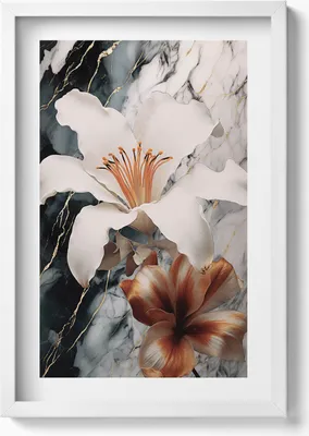 Produktbild von Marmorkomposition mit Blumen– Wandbild mit Rahmen – Gerahmtes Bild  – Wanddekoration – 40x60 cm – Weiß