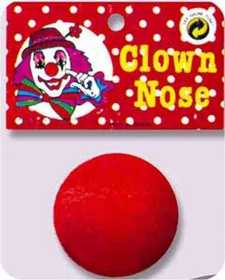 A clown nose accessory displayed on its packaging, with the nose itself shown separately below.