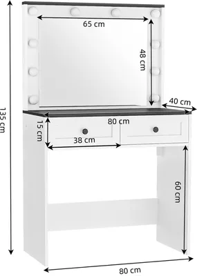 Zdjęcie produktu dla Toaletka z gniazdkami elektrycznymi, 80x40x135 cm, toaletka z lustrem i 2 szufladami, regulowana jasność, biała