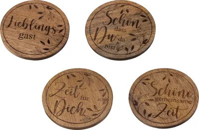Obrázek produktu pro Podtácek Gilde, kulatý, "Time", rčení, mangové dřevo, přírodní barva,Polyuretan8, 4 kusy jako na obrázku, v. 1 cm, hl. 10 cm 50585