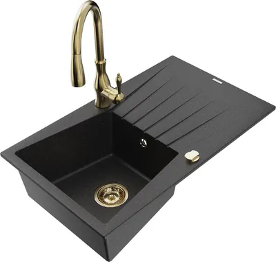 Produktbild von Mexen Cesar 1 Becken-Granitspüle mit Abtropffläche und Mischbatterie Savita, Schwarz/Silbermetallic - 6514-73-672601-50