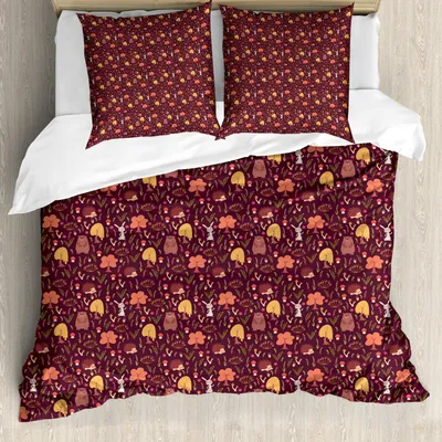 Produktbild von ABAKUHAUS Herbst Bettbezug Set, Lustige Waldtiere Fall Buddies Bär Kaninchen, 200 x 200 cm + 80 x 80 cm, Maroon und Mehrfarbig
