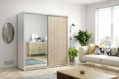 Produktbild von FurMeb24 Schrank KAIR 200X215 cm Kleiderschrank mit Spiegel - Craft gold und Wei