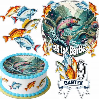 Produktbild von Zestaw Opłatek Na Tort 20Cm + 16 Postaci - Wędkarskie Rybak +Imię 15Cm 18Cm