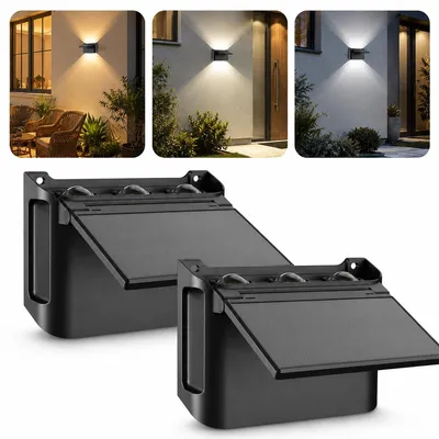Produktbild von Solar Wandlampe Außen LED 2er Set, Up Down Beleuchtung mit 6 Lichtstrahlen,  wasserdichte Solarleuchte für Garten, Terrasse, Wand & Fassade