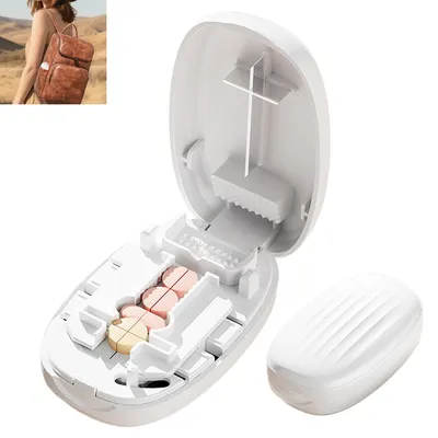Produktbild von Pillenteiler 1/2 & 1/4, kompakter Tablettenteiler mit Edelstahl Klinge, Medikamentenschneider mit Aufbewahrung für Vitamine & kleine Tabletten
