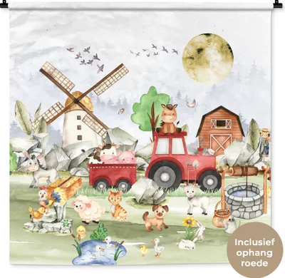 Produktbild von MuchoWow® Wandteppich Wandbehang Bauernhof - Traktor - Kinder - Tiere 150x150 cm Tapisserie Dekoration Wandtuch - Wohnaccessoires - Modernes