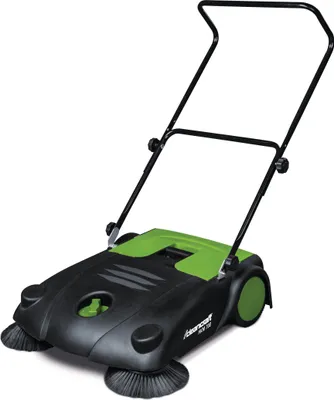 A push-along manual sweeper with two side brushes and a green top.