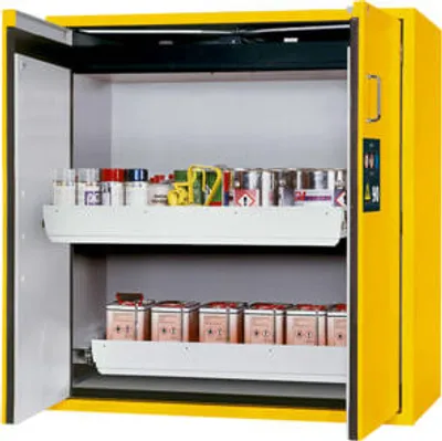 Produktbild von Sicherheitsschrank Typ 90 - Tür-Schließautomatik - ca. 1,3 x 1,2 x 0,6 m (HxBxT) - 2 Auszugswannen - lichtgrau - Edelstahl