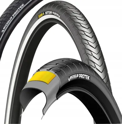 Three bicycle tires are shown against a white background. One tire is cut open to reveal its internal structure.