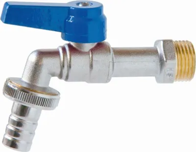Produktbild von Kugelauslaufventil 1/2 Zoll mit Schlauchanschluss 2301, matt verchromt, Griff blau