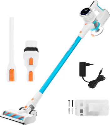 A cordless vacuum cleaner and its accessories are displayed against a white background.