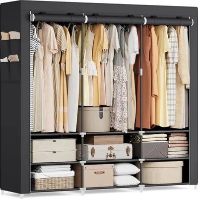 Produktbild von Stoffschrank, Kleiderschrank, 45 x 170 x 165 cm, 3 H?ngef?cher, mit Ablagen, 4 Seitentaschen, viel Platz, fš¹r Schlafzimmer, Wohnzimmer, schwarz
