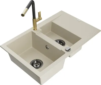Produktbild von Mexen Gaspar 1,5-Becken-Granitspüle mit Abtropffläche und Mischbatterie Flora, Beige - 6507-69-670401-57-B