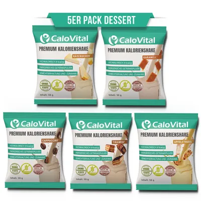 Produktbild von CaloVital Trinkmahlzeit als Aufbaunahrung bei Untergewicht / Kalorien Shake zum Zunehmen | Zunehmen Shake 50g Pulver (5er Pack Dessert)