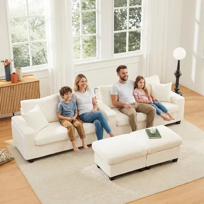 Produktbild von Merax 4-Sitzer Ecksofa U-förmiges, Cord-Sofa mit 2 Hockern, Leselampe, Klappablage, Getränkehalter & USB/Type-C, LED-Beleuchtung, Soffa, Beige