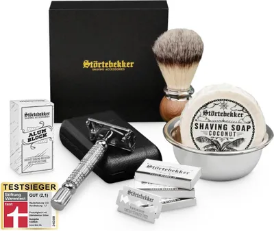 Produktbild von Störtebekker® Premium Rasierset - Rasierhobel Silber – inkl. Echtlederetui (Schwarz) - Rasierseife Kokos Duft - Rasurset / Bartpflege Set