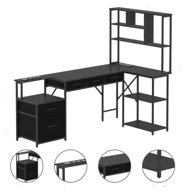 Produktbild von Zimilo L-Form Schreibtisch mit Regal & Steckdosen, Eckschreibtisch mit Schubladen, Gaming Tisch für Home Office, Arbeitstisch Computertisch Schwarz