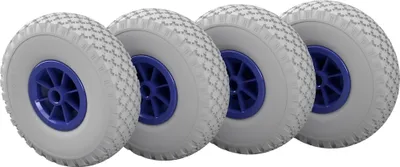 Immagine prodotto di 4 x Ruota in poliuretano Ø 260 mm 3.00-4 cuscinetto a strisciamento ruota del rimorchio volante per carrello manuale a prova di foratura, grigio/blu