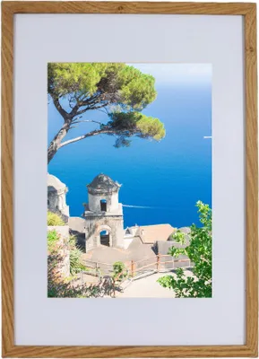 A framed picture of a coastal view with a building and a tree.