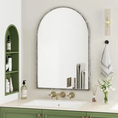 Image de OKWISH Miroir Mural Arqué en Verre et Métal - Miroir Décoratif Moderne pour Salle de Bain et Chambre - 61×2.5×91 cm - Argenté