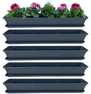 Produktbild von 4er Blumenkasten Set Balkonkasten Pflanzkasten Anthrazit mit Bewässerungssystem und Balkonkasten Untersetzer 80cm