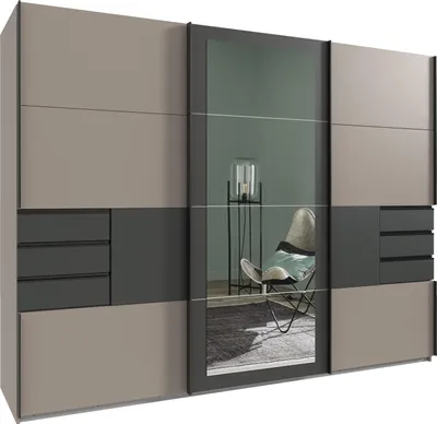 Produktbild von Schwebetürenschrank Kleiderschrank 270 cm 3-türig Schubladen Spiegel Grau Grafit / 22507