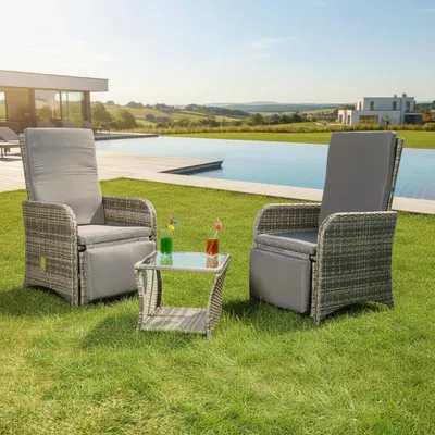 Produktbild von Melko Sitzgarnitur 2 Sessel Tisch Polyrattan Gartenmöbel Essgruppe - Grau