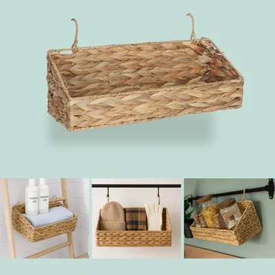 Obrázek produktu pro Relaxdays Úložný koš z vodní hyacinty, 2 háčky, VxŠxH 14 x 42 x 16 cm, závěsný koš s proutěným vzhledem, koupelna, předsíň, přírodní