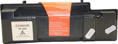A black Kyocera TK-350 toner cartridge is shown against a white background. An orange instruction sticker is affixed to the front of the cartridge.