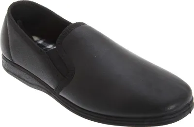 A single black slipper shown from a side-diagonal angle against a white background.