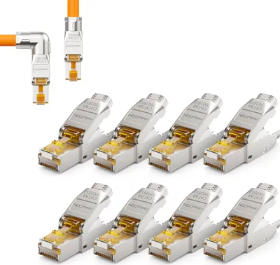 Produktbild von deleyCON 8x CAT 6a Netzwerkstecker 90° Winkel Stecker RJ45 Werkzeuglos Geschirmt 10Gbit/s Netzwerk Stecker für Rohkabel Verlegekabel Steckverbinder RJ45 Ethernet LAN DSL Patchkabel
