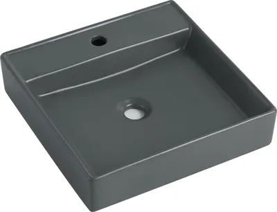 Produktbild von sanicomfort Aufsatzwaschtisch HERU 44 x 44 cm – eckiges Waschbecken ohne Überlauf – Keramik Waschschale in dunkelgrau matt, modernes Design für Bad & Gäste-WC