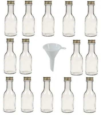 14 leere Glasflaschen 100 ml mit Schraubverschluss, inkl. Trichter