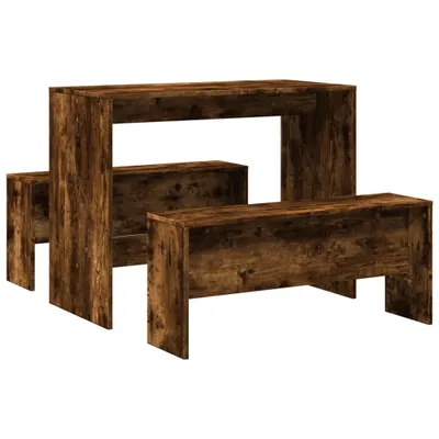 A dining table and bench set made of wood-look material, presented against a white background.