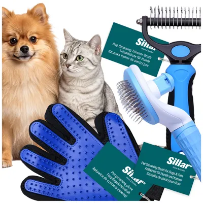 Productafbeelding van Sillar 3-delige vachtverzorgingsset voor honden en katten, bestaande uit een borstel, een kam en een handschoen